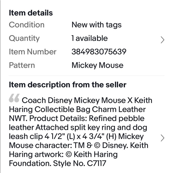NWT Coach Limited Edition Disney Mickey Mouse X Keith Haring Charm - Picture 4 of 12